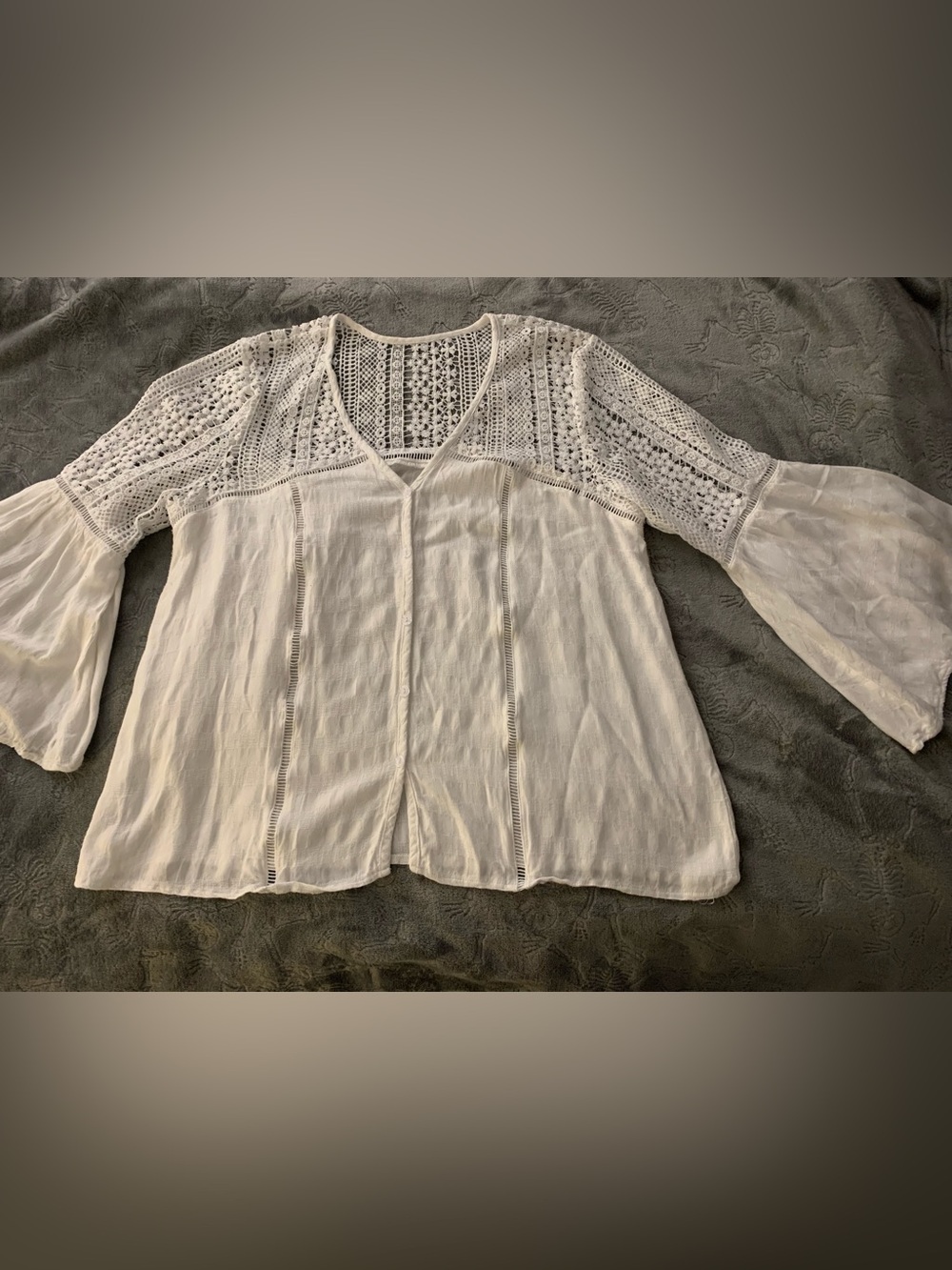 LoveStitch White Boho Crochet Top with Bell Sleeves Size XL Peasant Blouse - Picture 10 of 14